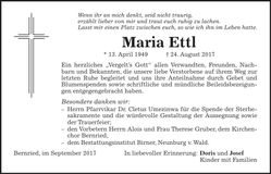 Traueranzeige Maria Ettl
