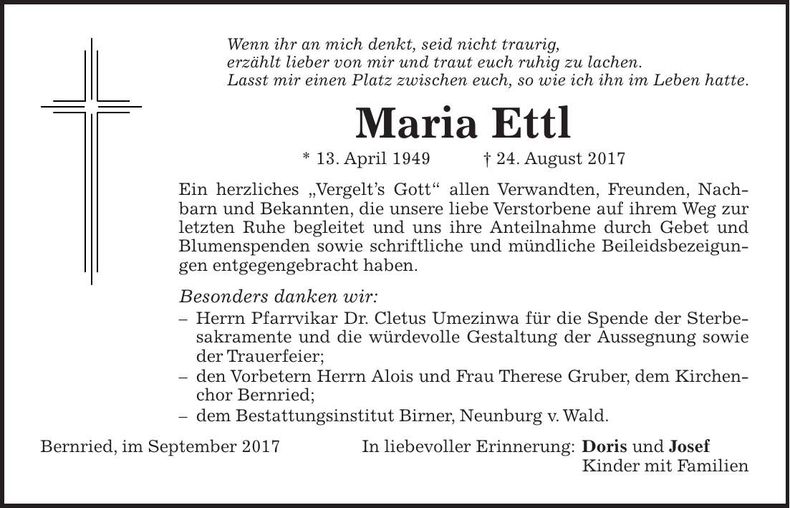 Traueranzeige Maria Ettl