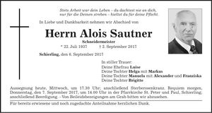 Traueranzeige Alois Sautner