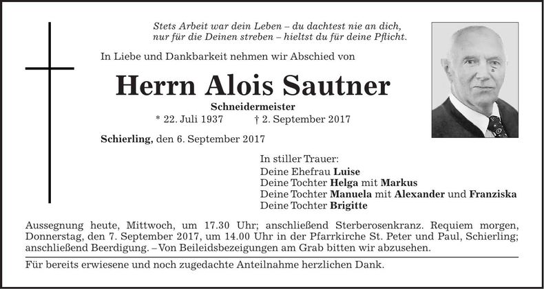 Traueranzeige Alois Sautner