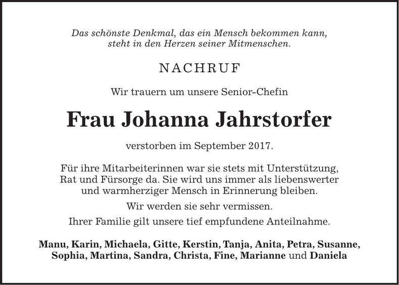 Traueranzeige Johanna Jahrstorfer