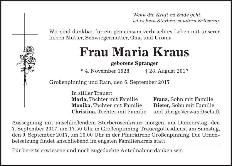 Traueranzeige Maria Kraus