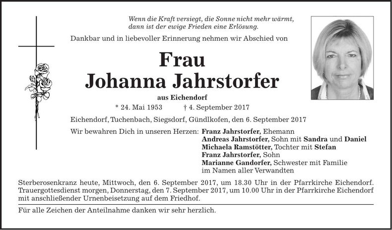 Traueranzeige Johanna Jahrstorfer