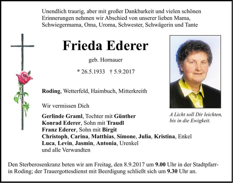 Traueranzeige Frieda Ederer