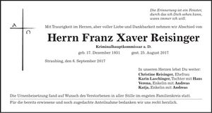 Traueranzeige Franz Xaver Reisinger