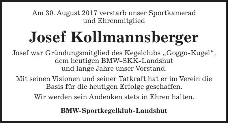 Traueranzeige Josef Kollmannsberger