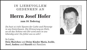 Traueranzeige Josef Hofer