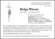 Traueranzeige Helga Wieser