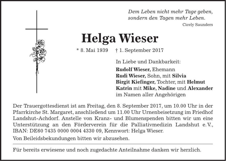 Traueranzeige Helga Wieser