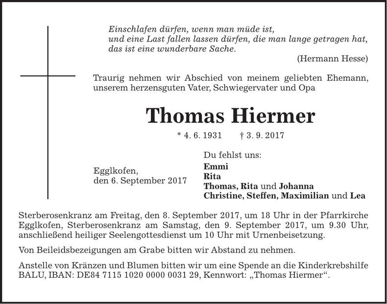Traueranzeige Thomas Hiermer