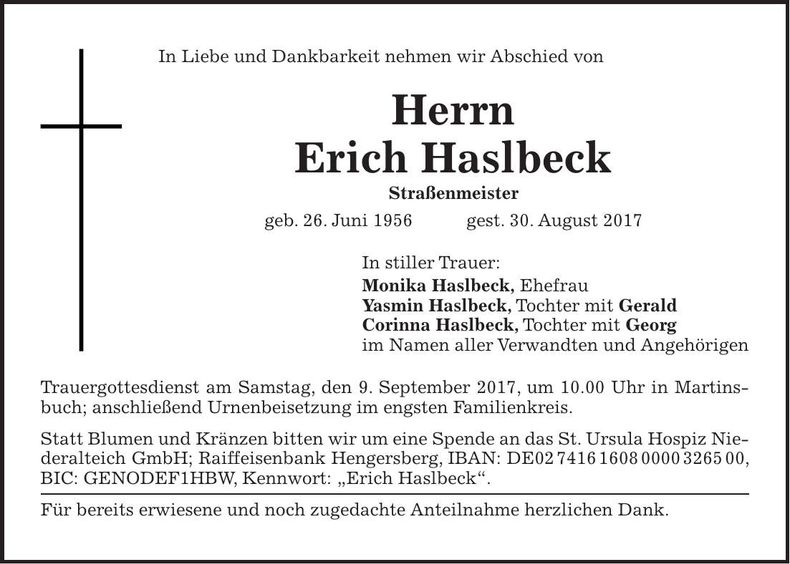 Traueranzeige Erich Haslbeck