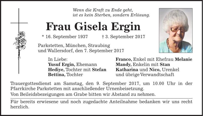 Traueranzeige Gisela Ergin