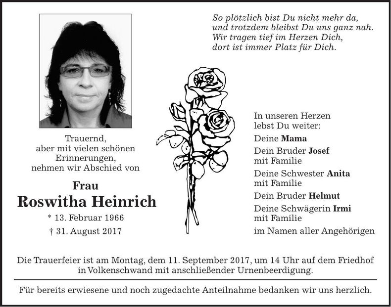 Traueranzeige Roswitha Heinrich