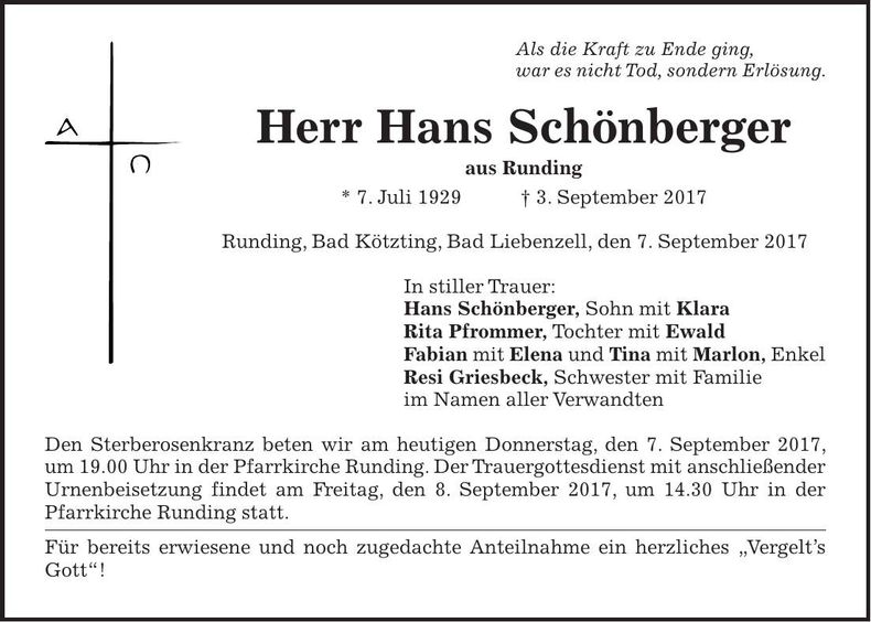 Traueranzeige Hans Schönberger
