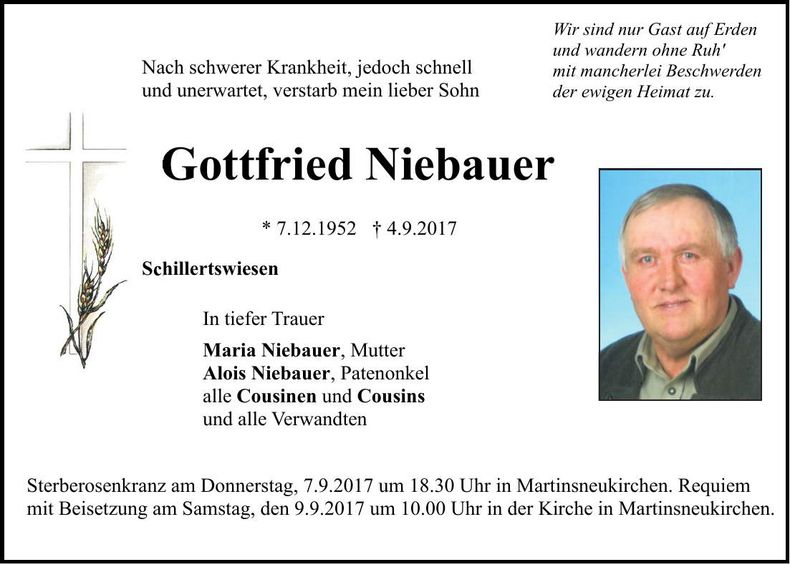 Traueranzeige Gottfried Niebauer