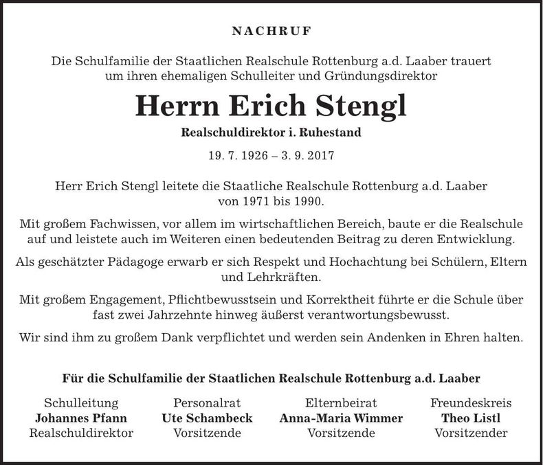 Traueranzeige Erich Stengl