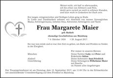Traueranzeige Margarete Maier