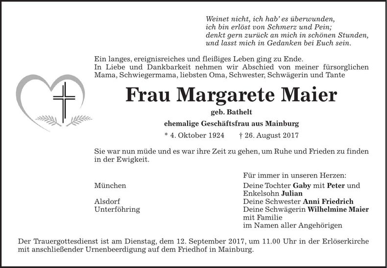 Traueranzeige Margarete Maier
