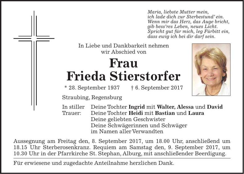 Traueranzeige Frieda Stierstorfer
