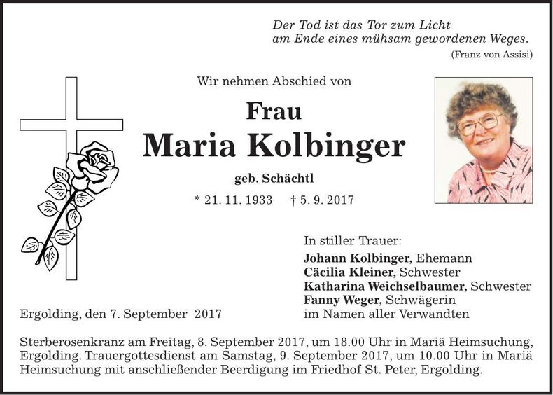 Traueranzeige Maria Kolbinger