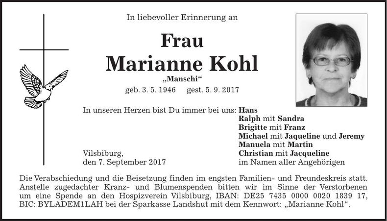 Traueranzeige Marianne Kohl