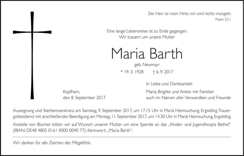 Traueranzeige Maria Barth