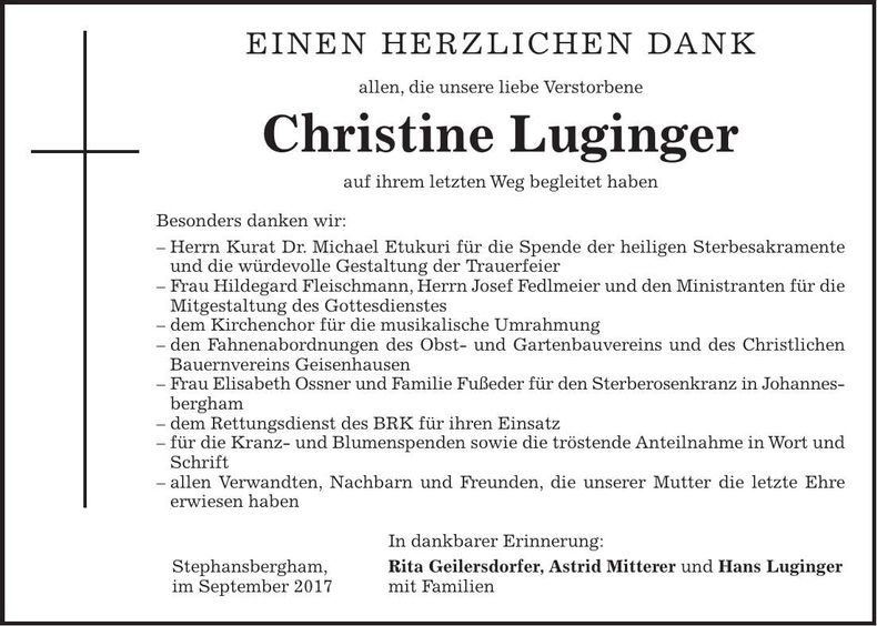 Traueranzeige Christine Luginger