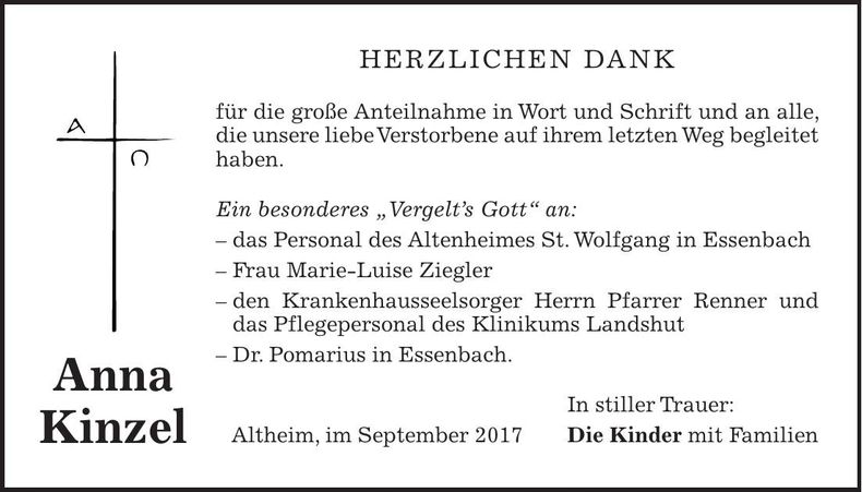 Traueranzeige Anna Kinzel