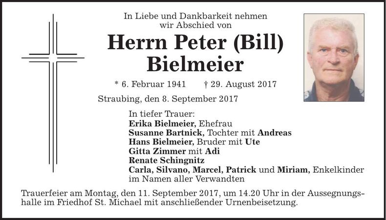 Traueranzeige Peter Bill Bielmeier