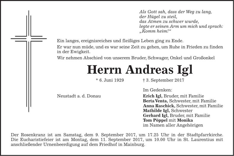 Traueranzeige Andreas Igl