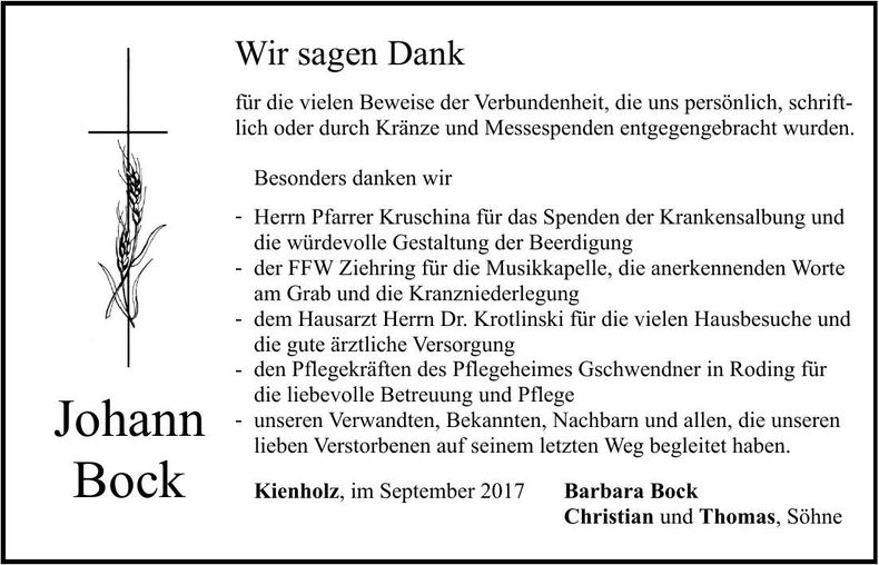 Traueranzeige Johann Bock