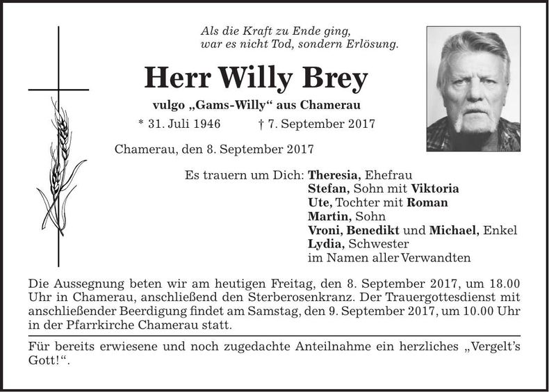 Traueranzeige Willy Brey