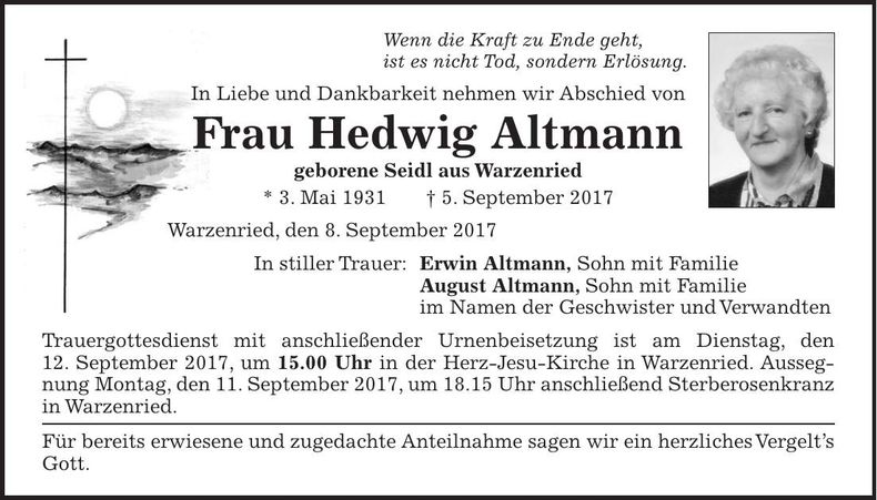 Traueranzeige Hedwig Altmann