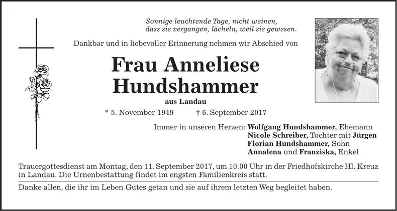 Traueranzeige Anneliese Hundshammer
