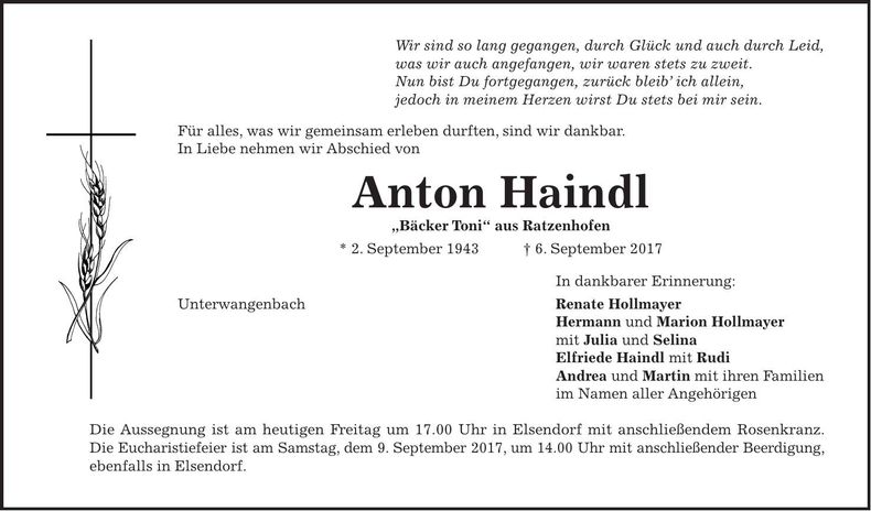 Traueranzeige Anton Haindl