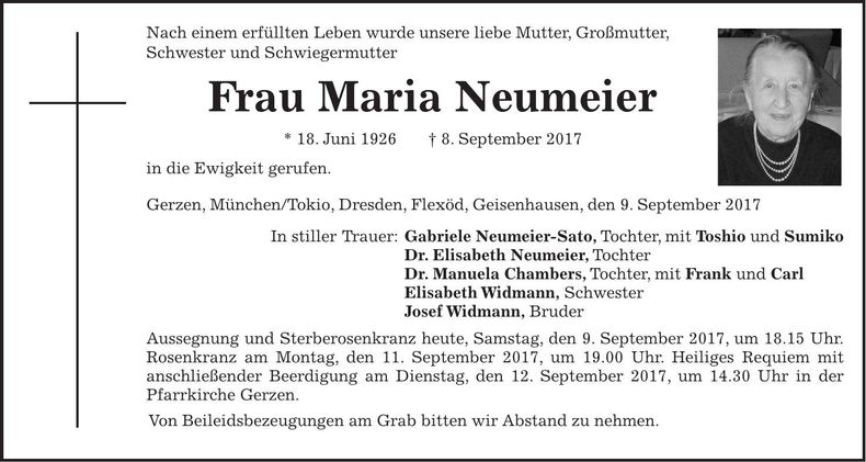 Traueranzeige Maria Neumeier