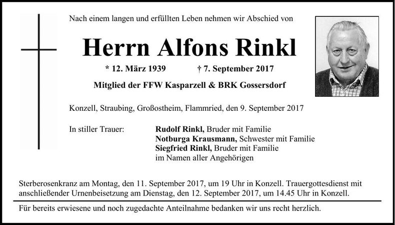 Traueranzeige Alfons Rinkl