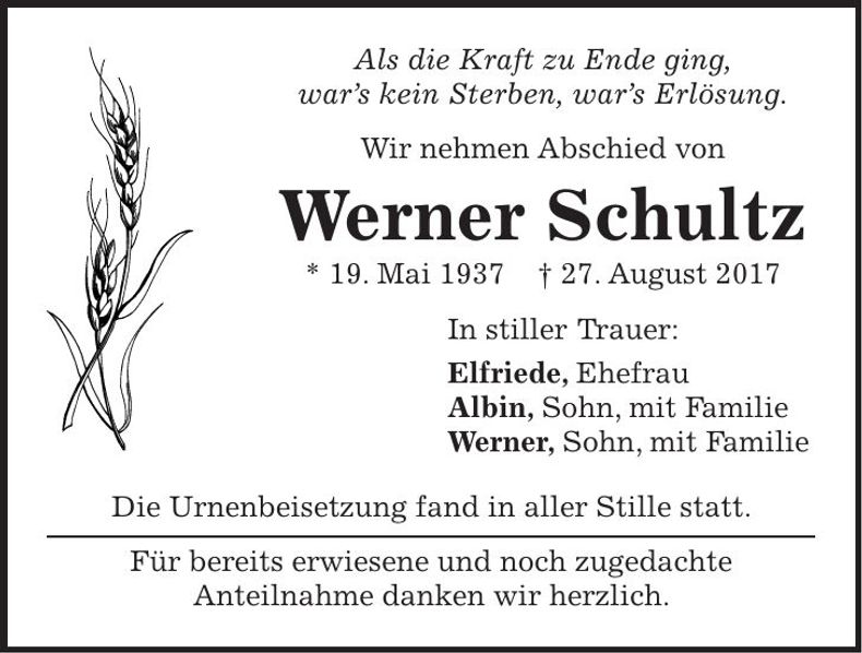 Traueranzeige Werner Schultz