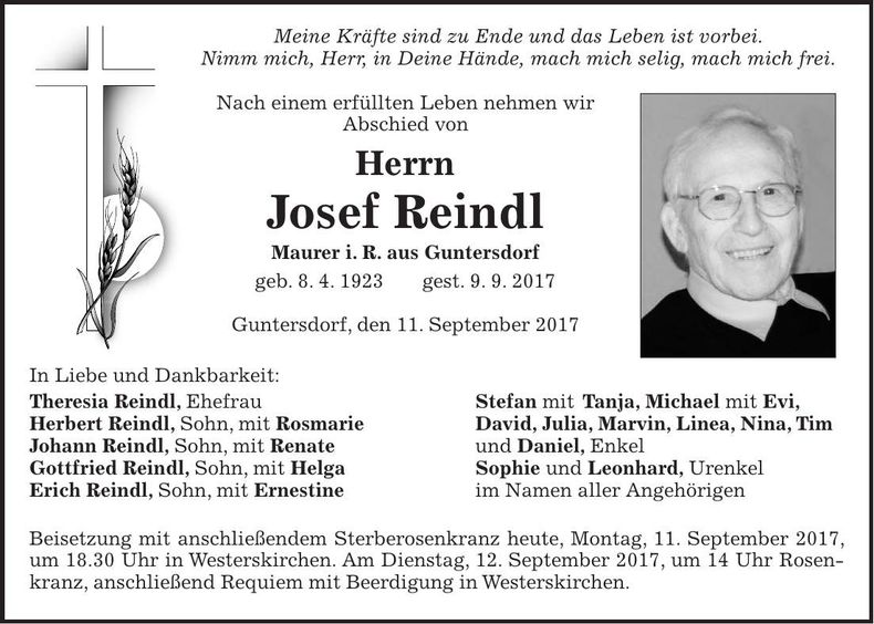 Traueranzeige Josef Reindl