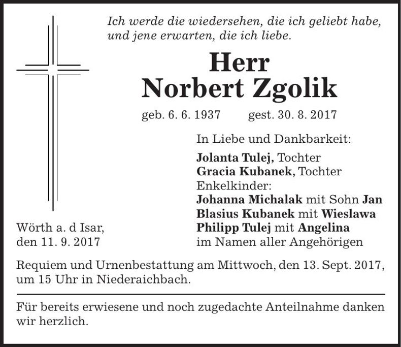 Traueranzeige Norbert Zgolik