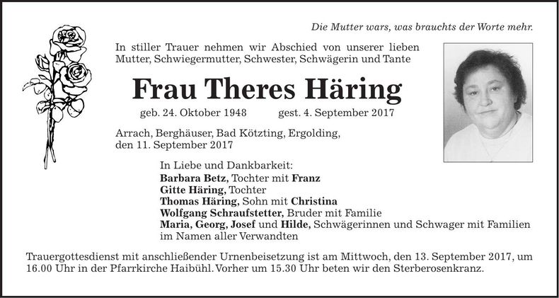 Traueranzeige Theres Häring