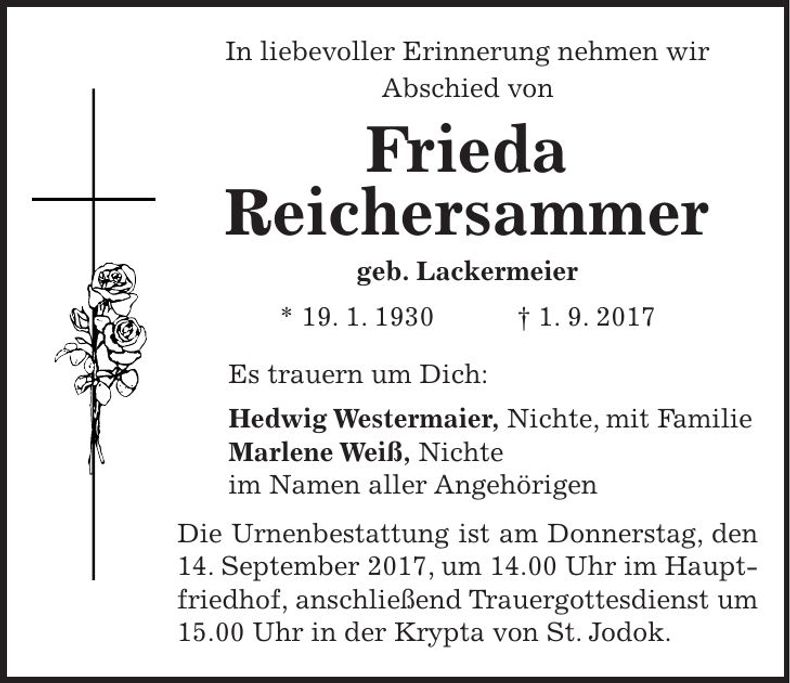 Traueranzeige Frieda Reichersammer
