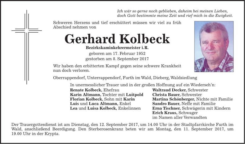 Traueranzeige Gerhard Kolbeck