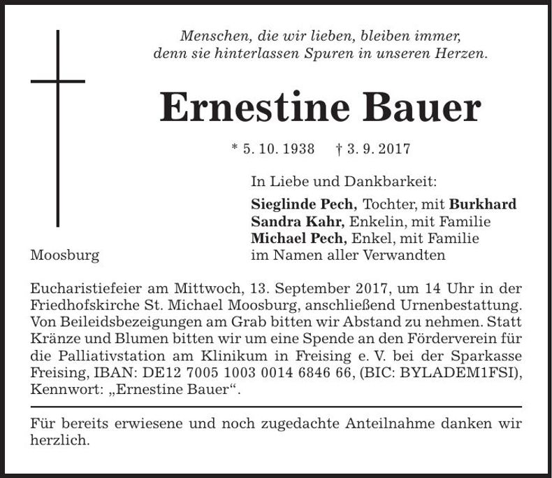 Traueranzeige Ernestine Bauer