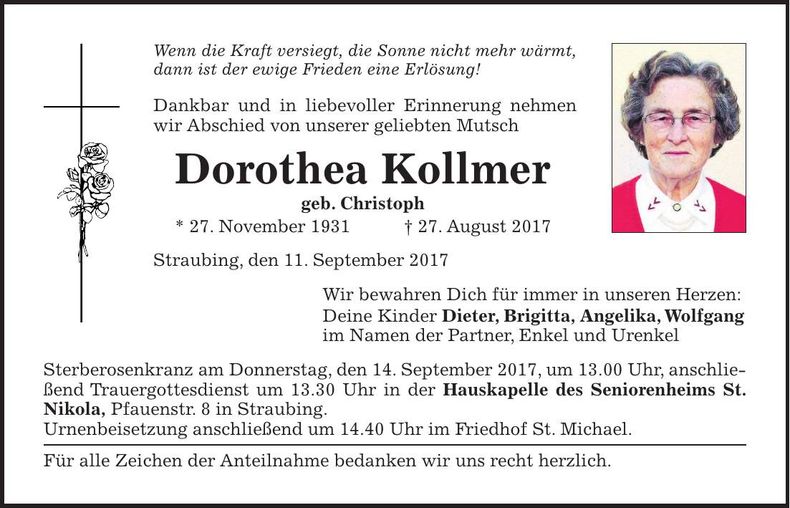 Traueranzeige Dorothea Kollmer