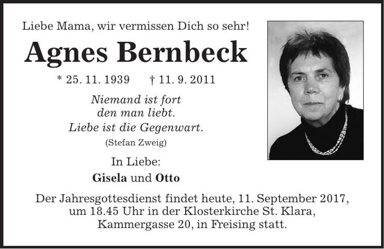 Traueranzeige Agnes Bernbeck