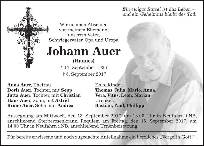 Traueranzeige Johann Auer