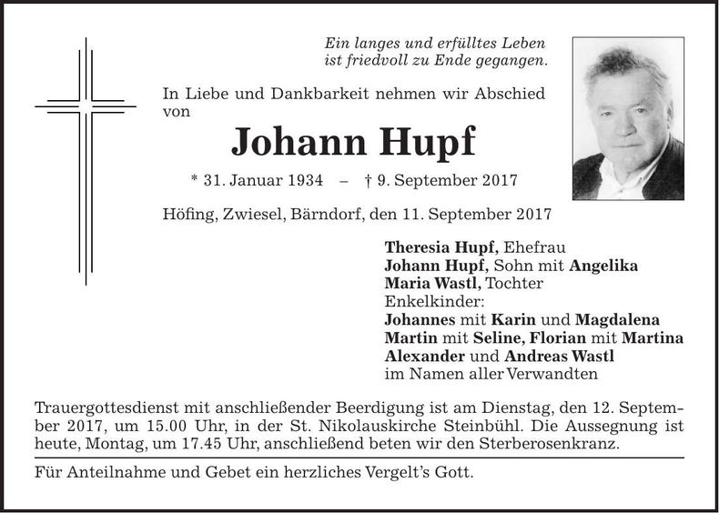 Traueranzeige Johann Hupf