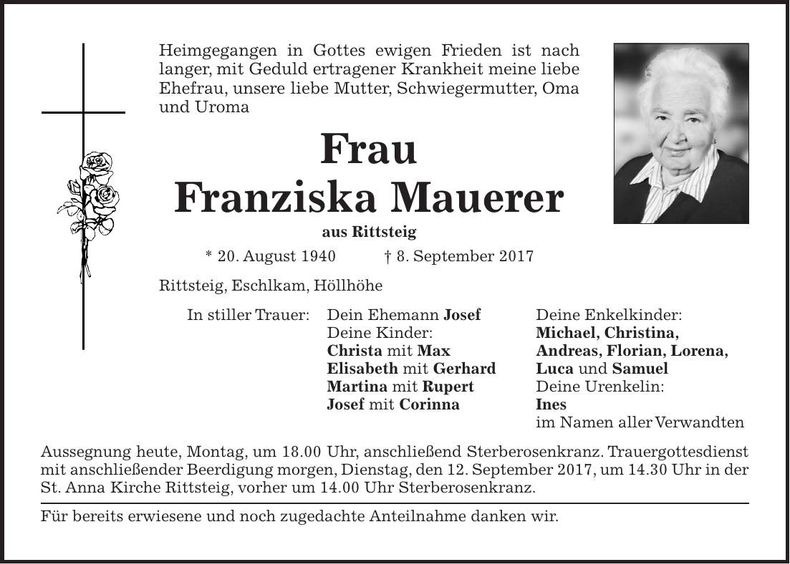 Traueranzeige Franziska Mauerer