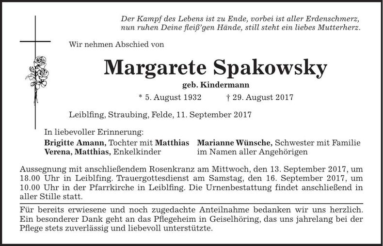 Traueranzeige Margarete Spakowsky